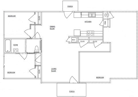 Floor plan for 3 beds, 2 baths, 1236 sqft